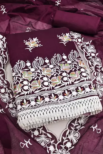 women's voilet unstitched chanderi dress material with embroidered dupatta