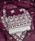 women's voilet unstitched chanderi dress material with embroidered dupatta