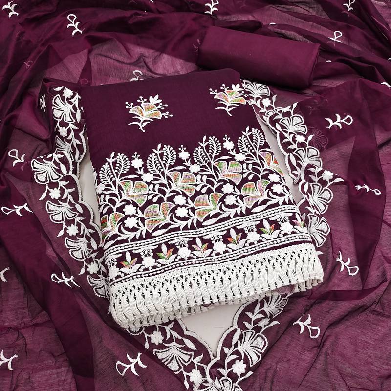women's voilet unstitched chanderi dress material with embroidered dupatta