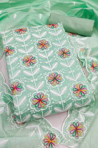 women's sea green unstitched chanderi dress material with embroidered dupatta