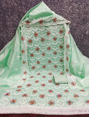 women's sea green unstitched chanderi dress material with embroidered dupatta 2