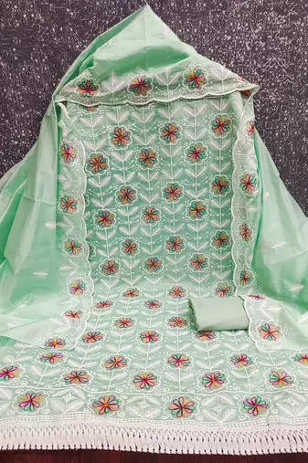 women's sea green unstitched chanderi dress material with embroidered dupatta