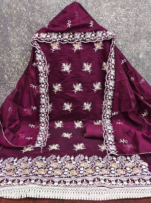 women's voilet unstitched chanderi dress material with embroidered dupatta 2