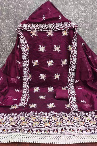women's voilet unstitched chanderi dress material with embroidered dupatta