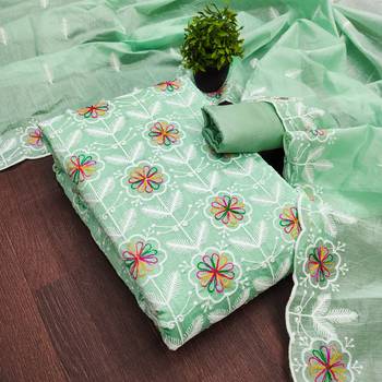 women's sea green unstitched chanderi dress material with embroidered dupatta 3