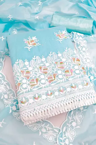 women's sky blue unstitched chanderi dress material with embroidered dupatta