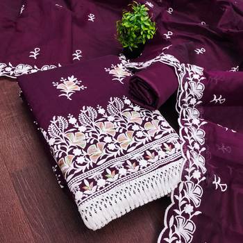 women's voilet unstitched chanderi dress material with embroidered dupatta 3