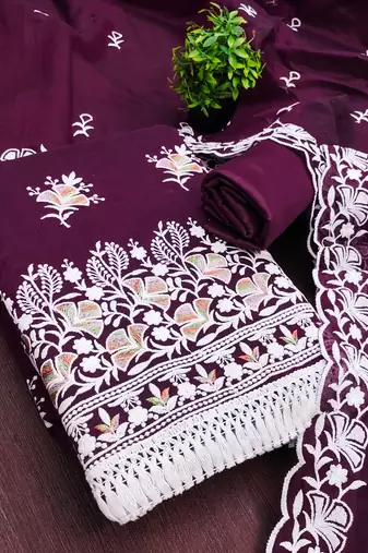 women's voilet unstitched chanderi dress material with embroidered dupatta