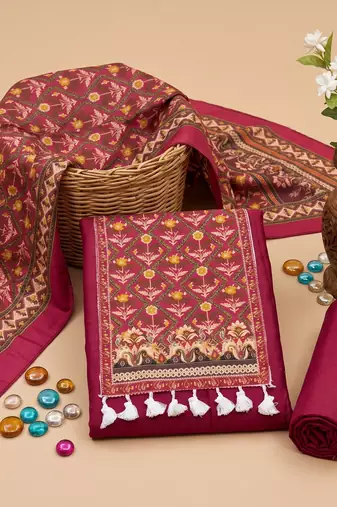 women's magenta unstitched reyon cotton dress material with printed dupatta
