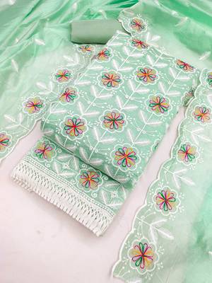 women's sea green unstitched chanderi dress material with embroidered dupatta 4