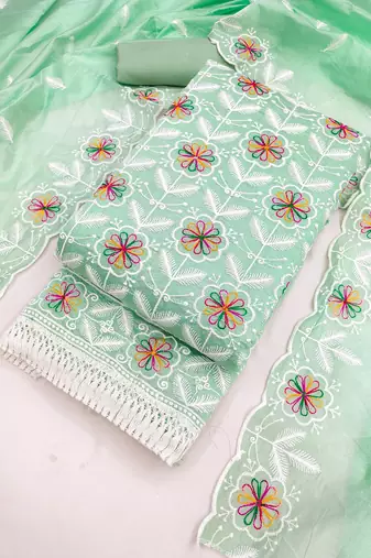 women's sea green unstitched chanderi dress material with embroidered dupatta