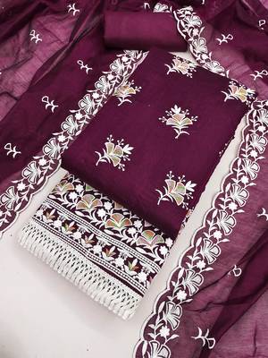 women's voilet unstitched chanderi dress material with embroidered dupatta 4