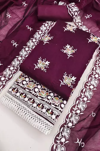 women's voilet unstitched chanderi dress material with embroidered dupatta