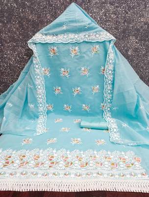 women's sky blue unstitched chanderi dress material with embroidered dupatta 2