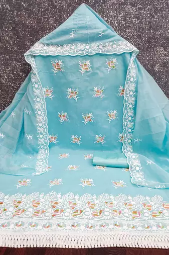 women's sky blue unstitched chanderi dress material with embroidered dupatta