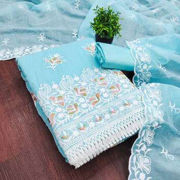 women's sky blue unstitched chanderi dress material with embroidered dupatta 3