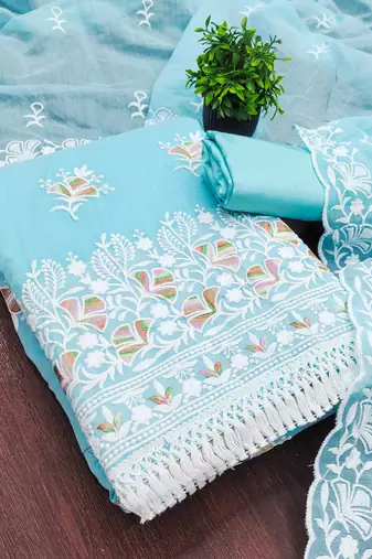 women's sky blue unstitched chanderi dress material with embroidered dupatta