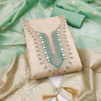 women's beige unstitched simmer butti dress material with woven dupatta  1