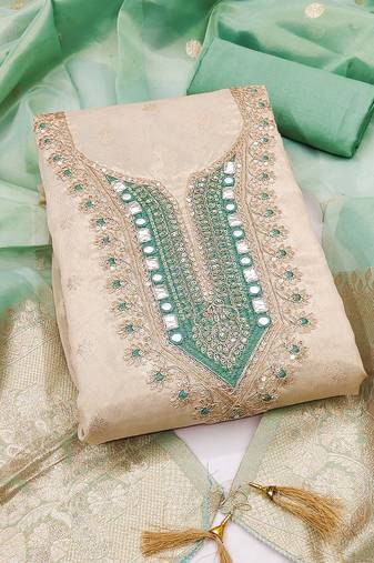 women's beige unstitched simmer butti dress material with woven dupatta 
