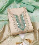 women's beige unstitched simmer butti dress material with woven dupatta 