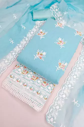 women's sky blue unstitched chanderi dress material with embroidered dupatta