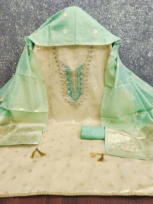 women's beige unstitched simmer butti dress material with woven dupatta  2
