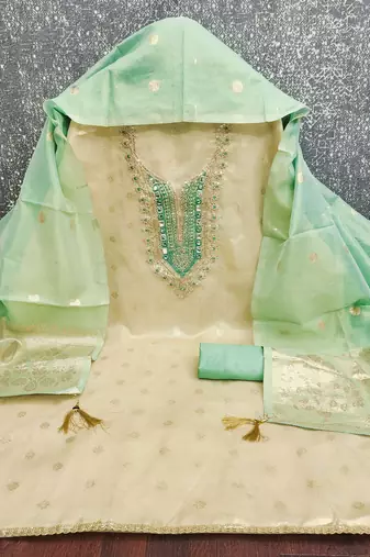 women's beige unstitched simmer butti dress material with woven dupatta 