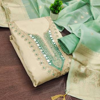 women's beige unstitched simmer butti dress material with woven dupatta  3