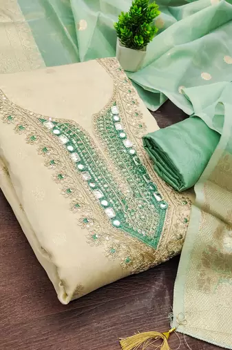 women's beige unstitched simmer butti dress material with woven dupatta 