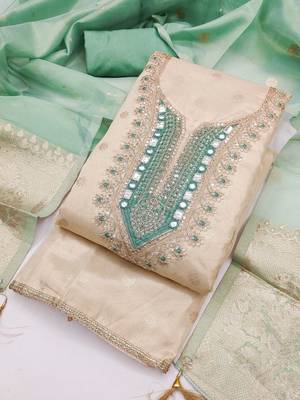 women's beige unstitched simmer butti dress material with woven dupatta  4