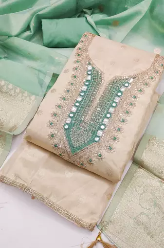 women's beige unstitched simmer butti dress material with woven dupatta 