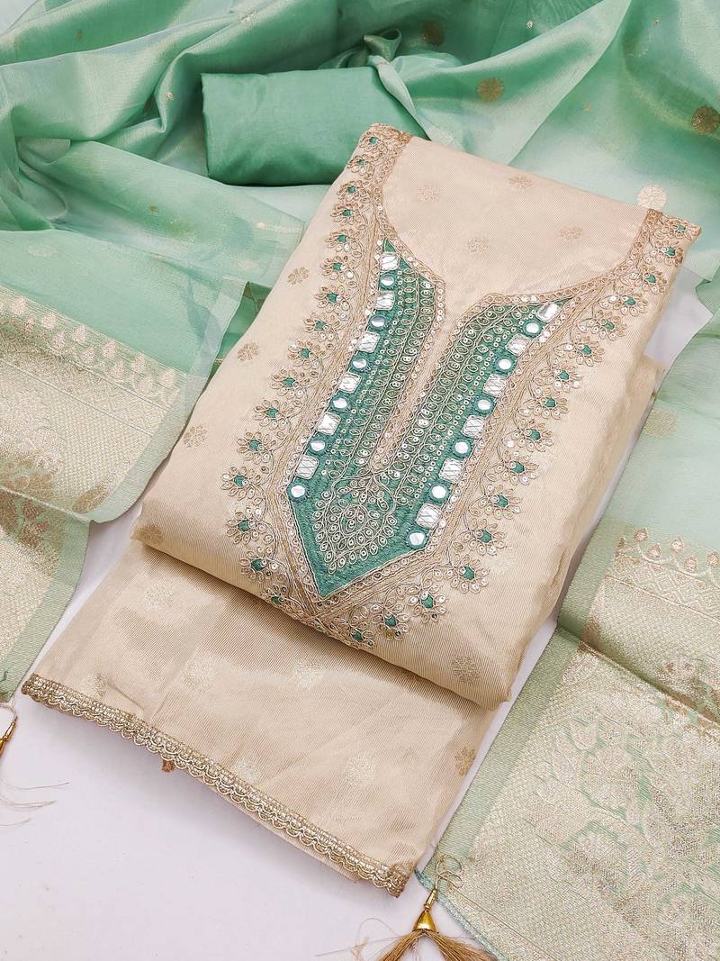 women's beige unstitched simmer butti dress material with woven dupatta 