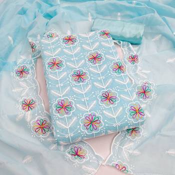 women's sky blue unstitched chanderi dress material with embroidered dupatta  1