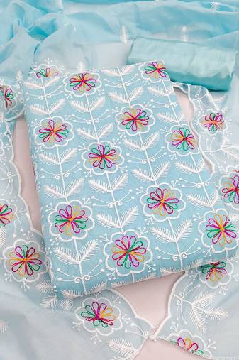women's sky blue unstitched chanderi dress material with embroidered dupatta 