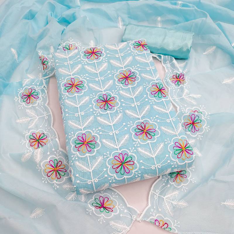 women's sky blue unstitched chanderi dress material with embroidered dupatta 