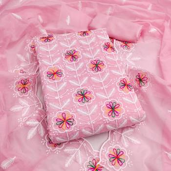 women's pink unstitched chanderi dress material with embroidered dupatta 1