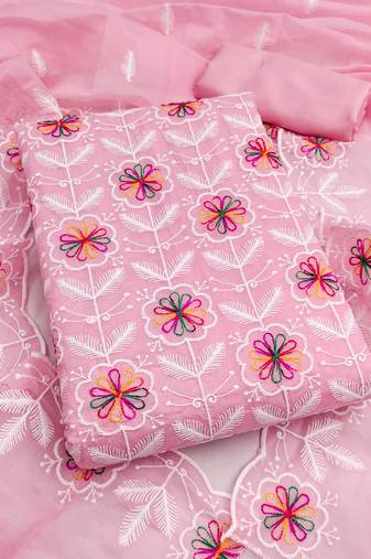 women's pink unstitched chanderi dress material with embroidered dupatta