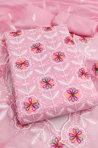 women's pink unstitched chanderi dress material with embroidered dupatta