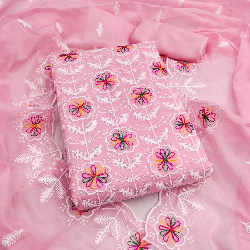 women's pink unstitched chanderi dress material with embroidered dupatta