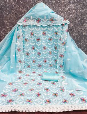 women's sky blue unstitched chanderi dress material with embroidered dupatta  2