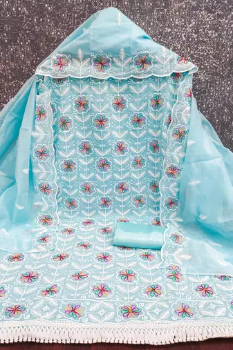 women's sky blue unstitched chanderi dress material with embroidered dupatta 