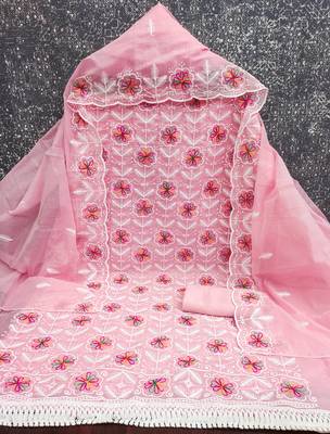 women's pink unstitched chanderi dress material with embroidered dupatta 2
