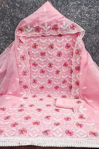 women's pink unstitched chanderi dress material with embroidered dupatta