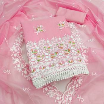 women's pink unstitched chanderi dress material with embroidered dupatta  1