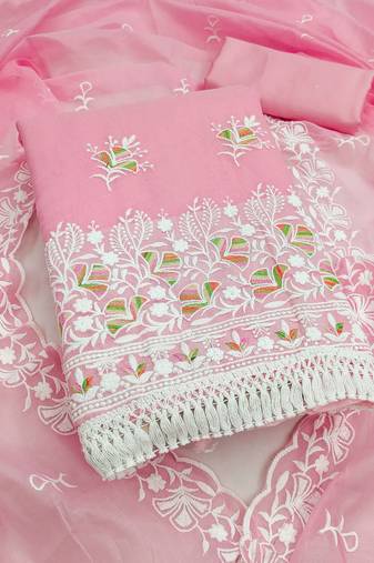 women's pink unstitched chanderi dress material with embroidered dupatta 