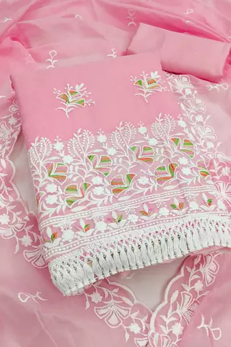 women's pink unstitched chanderi dress material with embroidered dupatta 