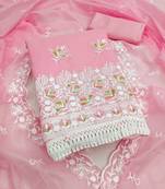 women's pink unstitched chanderi dress material with embroidered dupatta 