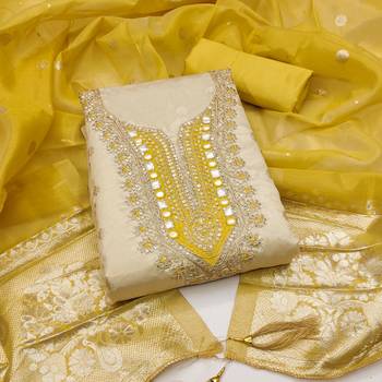 women's beige unstitched simmer butti dress material with woven dupatta 1