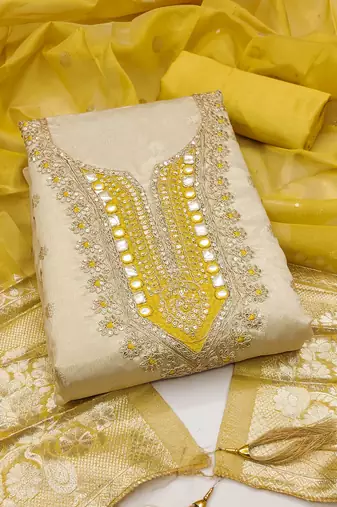 women's beige unstitched simmer butti dress material with woven dupatta