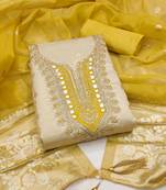 women's beige unstitched simmer butti dress material with woven dupatta